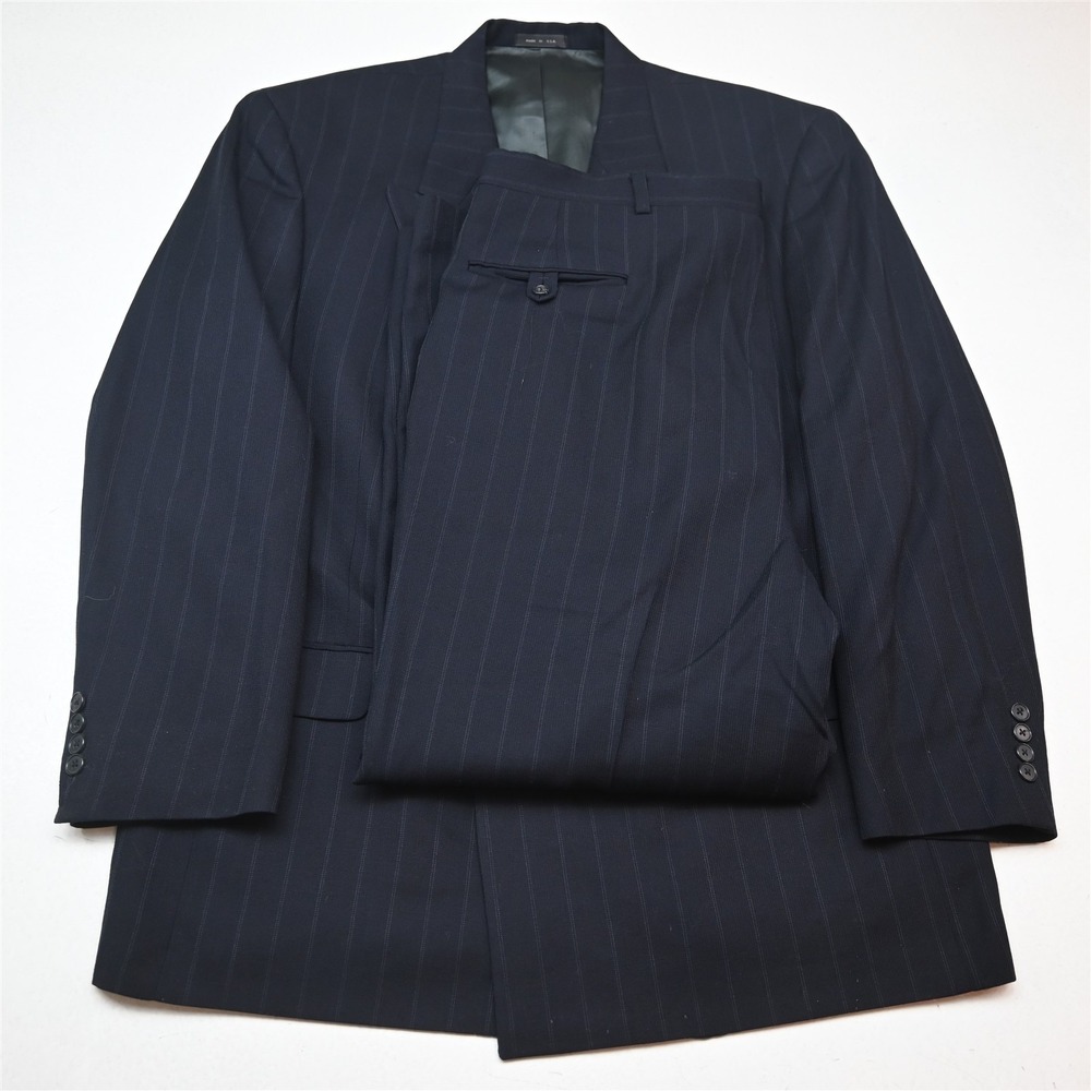 Vtg USA Made Double Breasted 44R 38x30 Navy Blue Striped Wool Jacket Pants Suit